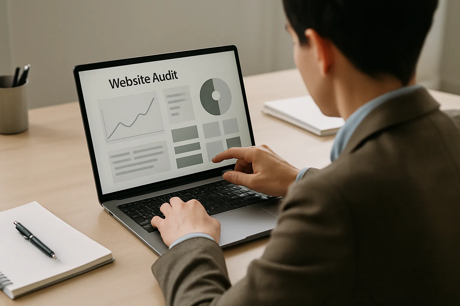 Un ordinateur affichant des graphiques abstraits pendant l’analyse de pages web dans un bureau.